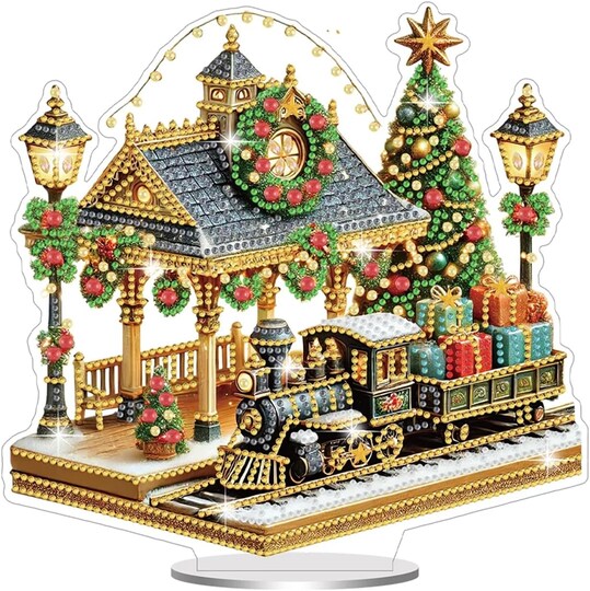 Christmas Railway Station Tabletop Diamond Art Kit, 5D Special Shape Rhinestone Stand Up Desk Ornament for Adults and Beginners, DIY Holiday Home Decor, 9.45 x 9.17 Inch